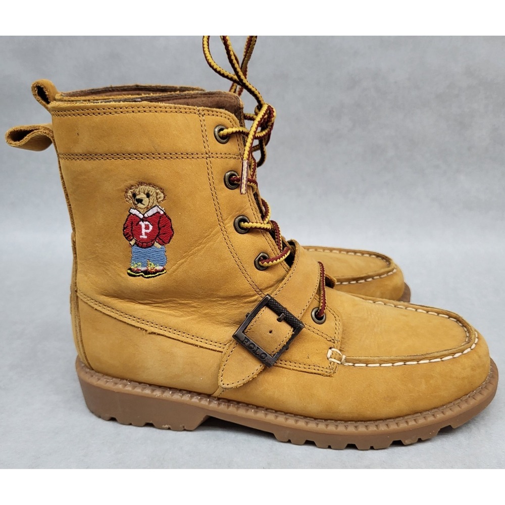 Polo Ralph Lauren (Sz 4.5) Ranger HI II sweater Bear Boots Tan Leather Big Boys